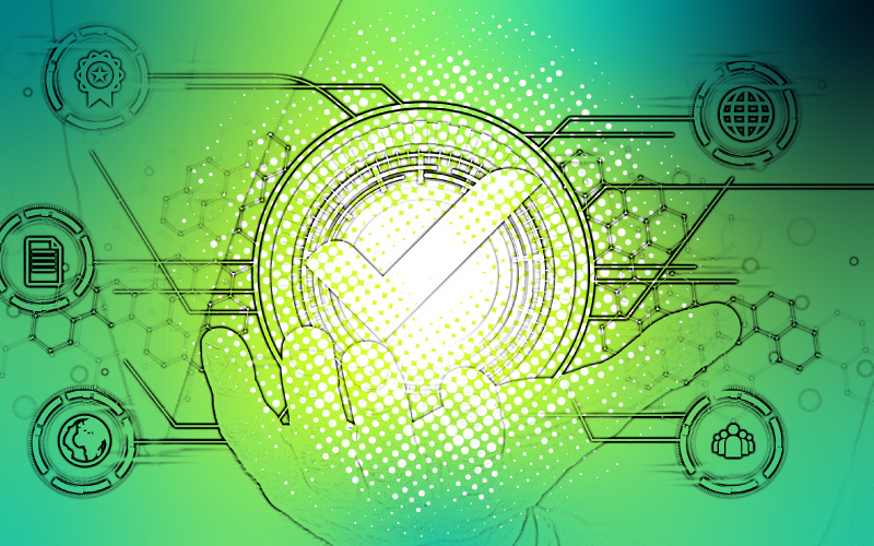 Cartoon hand holding a 'tick' surrounded by business process icons