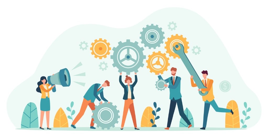 Cartoon Image of people holding up gears and cogs - as business processes metaphor